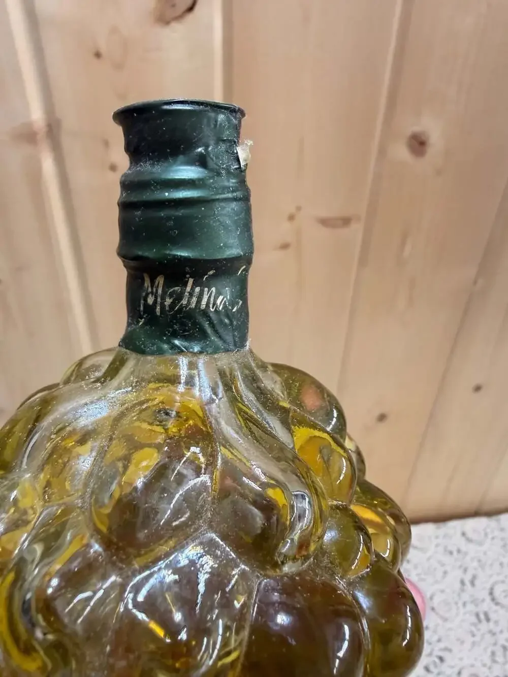 Vintage Italian Olive Oil Glass Grape Cluster Decanter Cork Bottle Sealed Decor